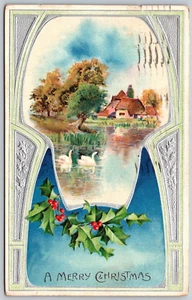 Postcard A Merry Christmas Art Nouveau Blue Silver Swans in Pond 1908 - Picture 1 of 2