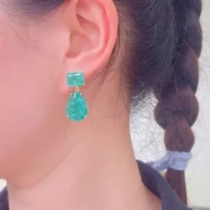 Paraiba Womens Tourmaline Water Drop Needle 925 Earrings Green Size 1.3*2.9cm - Picture 1 of 3