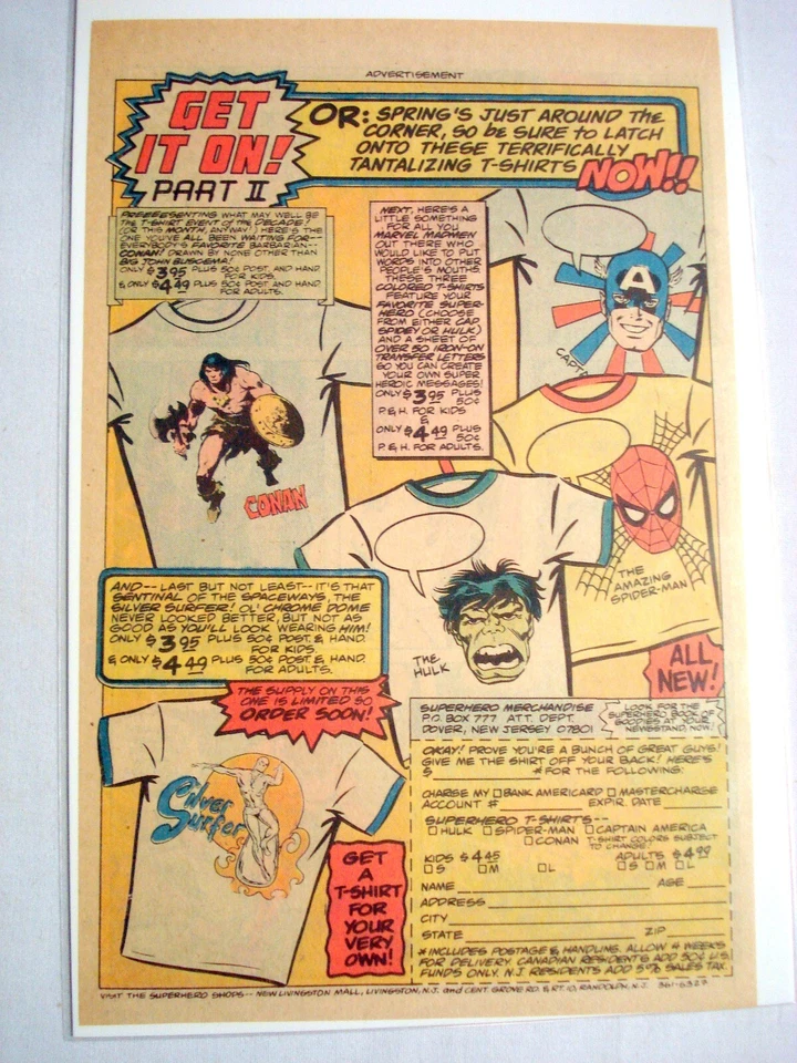 1977 Anuncio Marvel Camiseta Anuncio Spider-Man, Conan, Hulk, Silver Surfer Foto 1 de 1