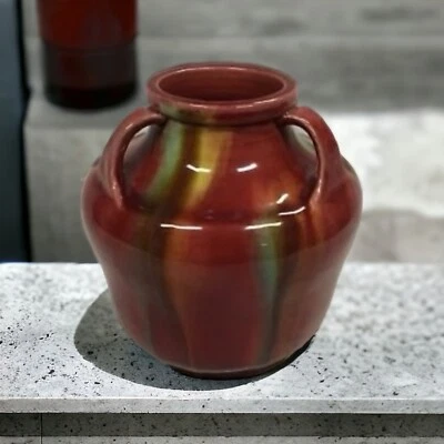 Vintage 1930s Japanese Awaji Triple Handled Pottery Vase, Maroon Streaked Glaze - image 1 of 4