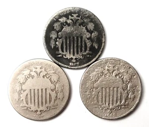 1866 US Mint – 5c Shield w/Rays – Repunched Date + 2-1867 and an 1869 w/o Rays - Picture 1 of 5