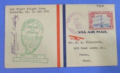 COVER 1930 "CACHET FIRSTNIGHT FLIGHT AIR MAIL FROM ATLANTA, GA. C.A.M. 30" - Image 1 of 4