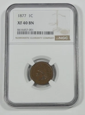 1877 Indian Head/Oak Wreath rev Cent CERTIFIED NGC XF 40 BROWN 1c - Image 1 of 4