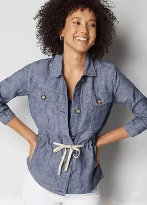 Chaqueta Blazer J. Jill Plus 2X 100% Love Lino Azul Cordón Corbata Cintura Bolsillos Foto 1 de 4