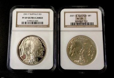 2001 P&D Búfalo Silver  PR Y MS 69  2 Coins  - Image 1 of 4
