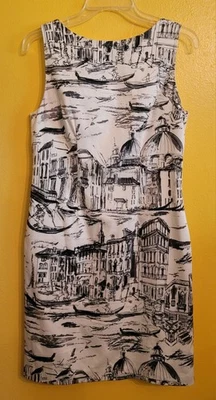 Chetta B DRESS Sheath Scenic Venice Sleeveless White w/ Black Linear Print Sz 4 - Image 1 of 4
