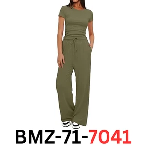 Darong Women Two Piece Outfit Short Sleeve Pullover Long Wide Pants Army Green S - Picture 1 of 4