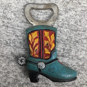 Cowboy Boot Bottle Opener Metal Cowgirl Spurs Yellow Red Blue - Imagen 1 de 6