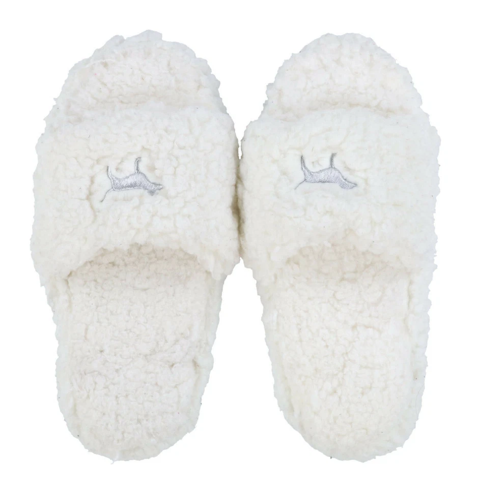 Victoria's Secret Soft White Sherpa Slippers Dog Logo Fluffy Footwear Small