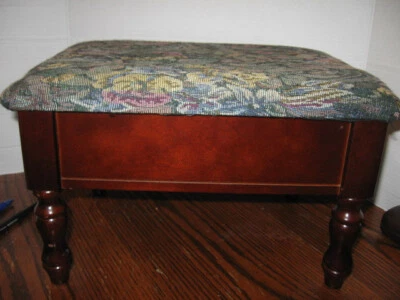 Vtg POWELL Storage Footstool Tapestry Hinged Fabric Top - Image 1 of 4