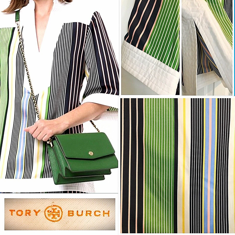 Tory Burch Field Day Stripe Silk Short Sleeve Tunic Top Size 2