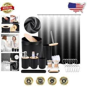 Chic Black Bathroom Set with Ombre Shower Curtain - Complete 10-Piece Collection - Picture 1 of 8