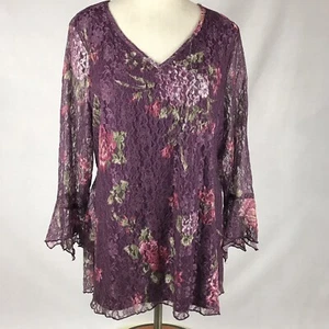 BIYAYCDA Top Floral Lace Size XL Purple Lined Handkerchief Ruffled Long Sleeve - Picture 1 of 9