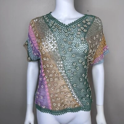 Vtg 1980s 1990s Floral Crochet Short Sleeve Sweater 80s 90s Open Knit Rainbow - Image 1 of 4