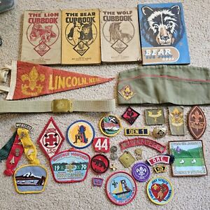 Vtg Boy Scout Mixed Lot Memorabilia Patches Pins Belt Pennant Hat Lion Bear Wolf
