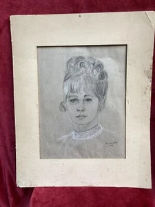 Vintage Kohle Strichzeichnung Portrait viktorianische Frau signiert vom Künstler - Bild 1 von 23