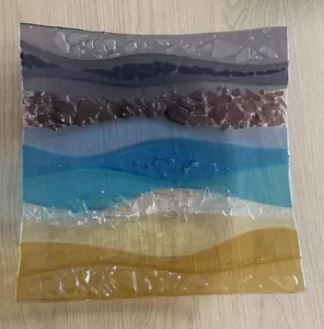 BNIB Jo Downs Cornwall Handmade Large Fused Glass Decorative Dish Beach Scene - Picture 1 of 9