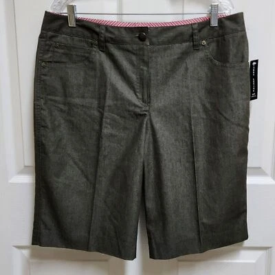 Larry Levine Shorts Women Sz 16 Green Chambray Bermuda Stretch Flat Front Casual - Image 1 of 4