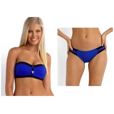 NUEVO CON ETIQUETAS $170 SEAFOLLY ANTHROPOLOGIE *BLOCK PARTY* BIKINI BANDEAU NEGRO AZUL EE. UU. 12 10 Foto 1 de 4