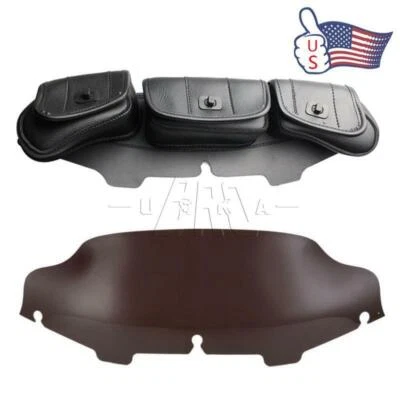 3 Pockets Saddle Windshield Bag+6"Smoke Wave Windscreen For Harley Touring 96-13 - Image 1 of 4