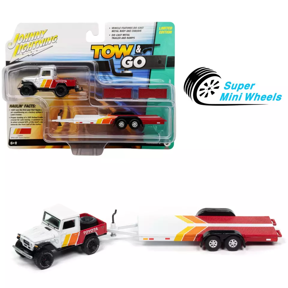 Johnny Lightning 1:64 - 1980 Toyota Land Cruiser w/Open Car Trailer – White - Image 1 of 3