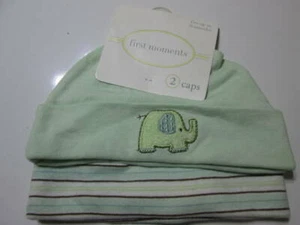 First Moments Baby Size 0-6 Months 2 Caps Beanie Mint 100% Cotton Striped - Picture 1 of 4