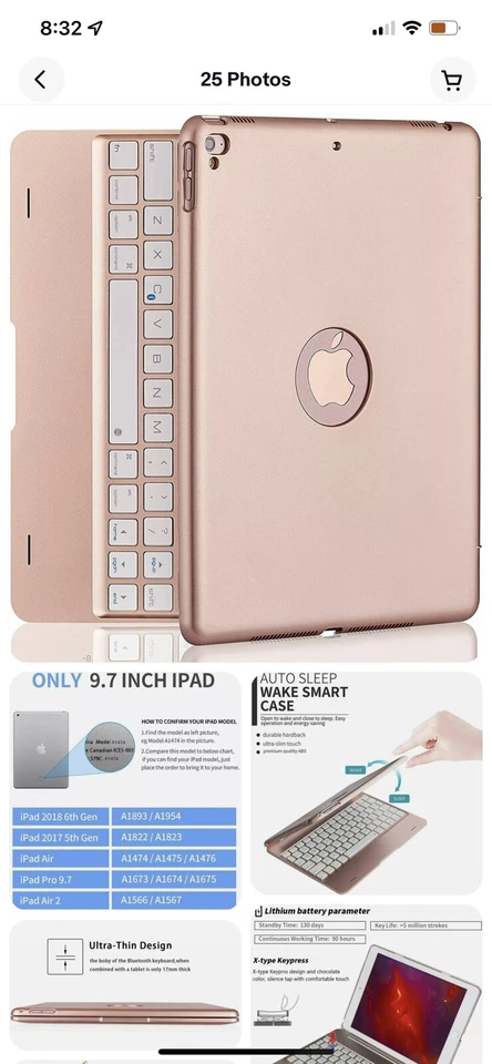 Wireless Keyboard F19/F19B for iPad Air/Air 2/Pro 9.7 2017/2018 Rose Gold - Image 1 of 4