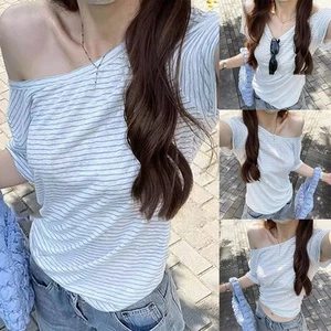 2025 Women Oblique Shoulder Short Sleeve T Shirt for Vacation and Daily Wear - Picture 1 of 36