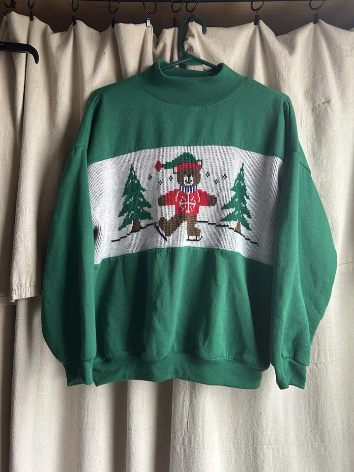 Suéter vintage Natal ursinho de pelúcia tamanho L Grandmacore anos 80 anos 90 retrô Natal - Imagem 1 de 4