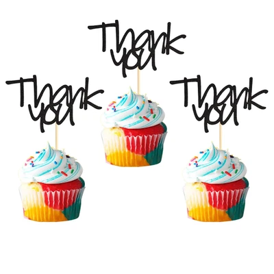 Black Glitter Thank You Cupcake Toppers - 24pcs Party Decoration Picks - Image 1 of 4