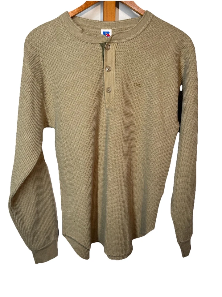 Винтажный 80-х/90-х Russell Athletic тепловой вафли трикотажа 1/4 кнопка длинным рукавом желтовато-коричневый Med - Изображение 1 из 4