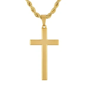 14K Gold Plated Chain Style Cross Pendant Necklace Solid Clasp Stainless Stee... - Picture 1 of 7
