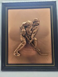 Vintage Copperama Hockey Player Wall Plaque 3-D Copper Art Framed