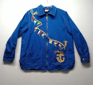 Bob Mackie Jacket Womens Wearable Art Blue Nautical Flags Anchor Regatta MEDIUM - Picture 1 of 13