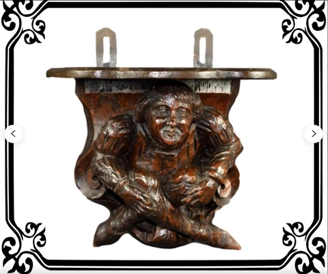 French Antique Gothic Oak Hand Carved Wood Corbel Shelf Sconce Wall Bracket Cover