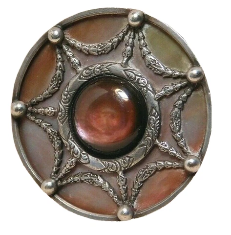 Antique BUTTON X-Large VICTORIAN Pearl Shell w/a Metal Spider Web Overlay NICE Cover