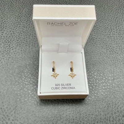 Rachel Zoe Dangle Drop Earrings Gold Star 925 Silver Cubic Zirconia Crystal Box - Image 1 of 4