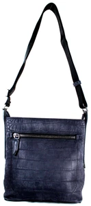 SALVATORE FERRAGAMO Dark Blue Croc Embossed Calfskin Suede Medium Messenger Bag - Picture 1 of 20