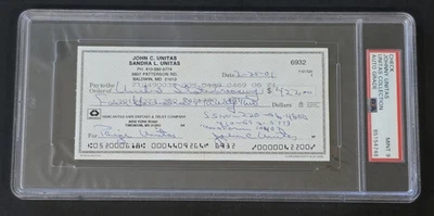JOHNNY UNITAS Signed Personal Check-HALL OF FAME-BALTIMORE COLTS-PSA 9 Auto - Image 1 of 4