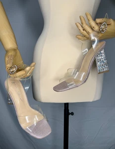 Betsey Johnson SB-Bell Evening Sandals Size 6 NWT with Crystal Heel Clear Straps - Picture 1 of 7