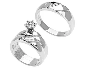 14K White Gold Trio Diamond Engagement Wedding Band Ring Set Solitaire His Hers - Picture 1 of 2