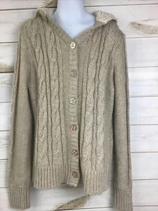 Justice Girl’s Beige Shimmer Button-Up Faux Fur Hooded Sweater Cardigan Sz. 14 - Picture 1 of 9