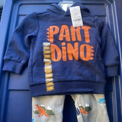 Boys Carters 2 Piece Set Size 12m Long Sleeve Hoodie Sweat Shirt Pants Dinosaur  - Image 1 of 4