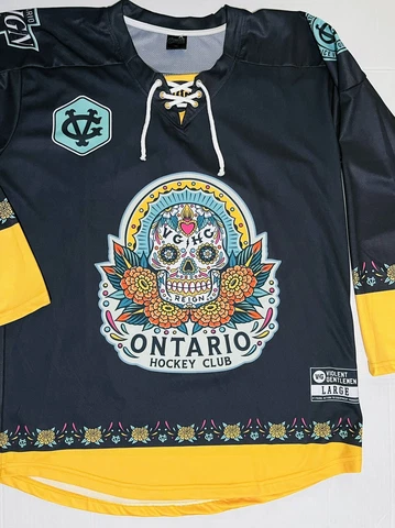 ONTARIO REIGN JERSEY DIA DE LOS MUERTOS Men’s Large TIE Violent Gentlemen NEW Cover