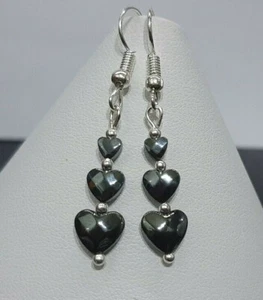 FACETED BLACK HEMATITE  HEART BEADED HOOK EARRINGS HANDMADE 4.5CM DROP E35 - Picture 1 of 2
