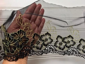 "Borde de encaje bordado negro y amarillo con tul/costura/artesanías/7,5" de ancho" negro - Imagen 1 de 12