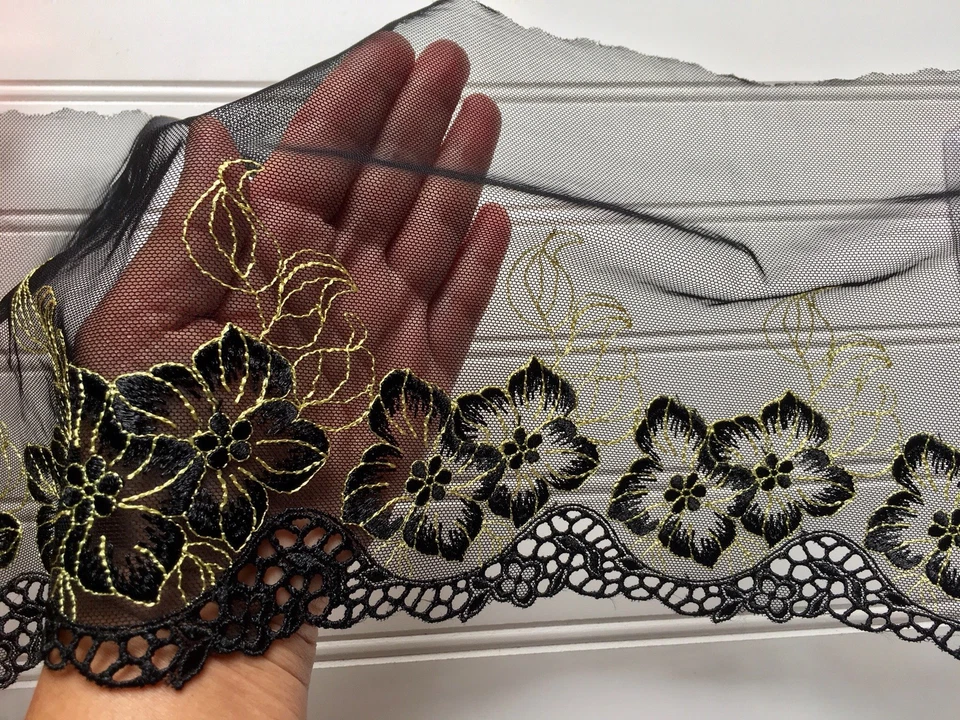 Черно-желтая вышитая кружевная отделка с черным тюлем/шитьем/рукоделием/ширина 7,5 дюйма - Изображение 1 из 4