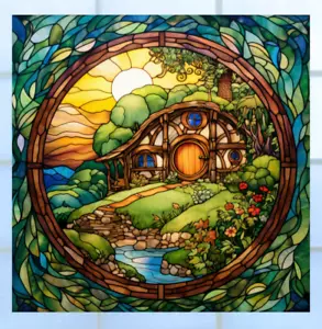 Hobbit House Faux Stained-Glass WINDOW CLING Size 8" Repositionable Vinyl - Picture 1 of 2