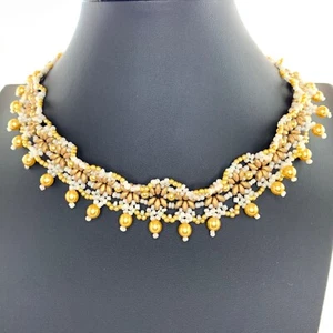 Fashion Choker Necklace White Seed Beads Champagne  Faux Pearls - Picture 1 of 9
