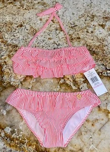 JESSICA SIMPSON Ruffled Seersucker Coral White 2 pc Swim Suit NEW Girls Sz 4 - Picture 1 of 12